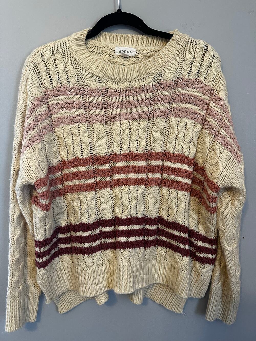 ADORA Cream Burgundy Chunky Cable Knit Sweater Cottagecore Small